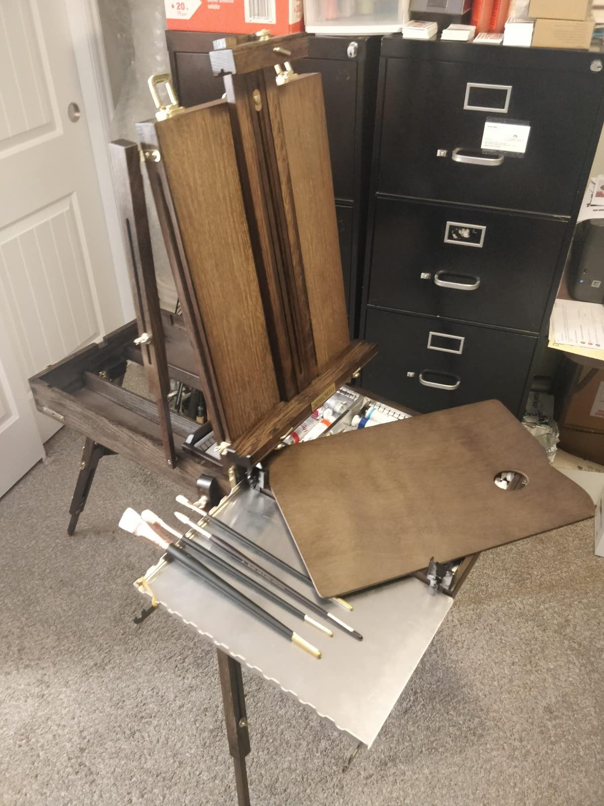 ATWORTH French Easel for Painting, Deluxe Beech Wooden Field & Studio Sketchbox Easel Stand with Metal Side Tray, Portable & Easy Transport for Painting Outdoor, Holds Canvas up to 34