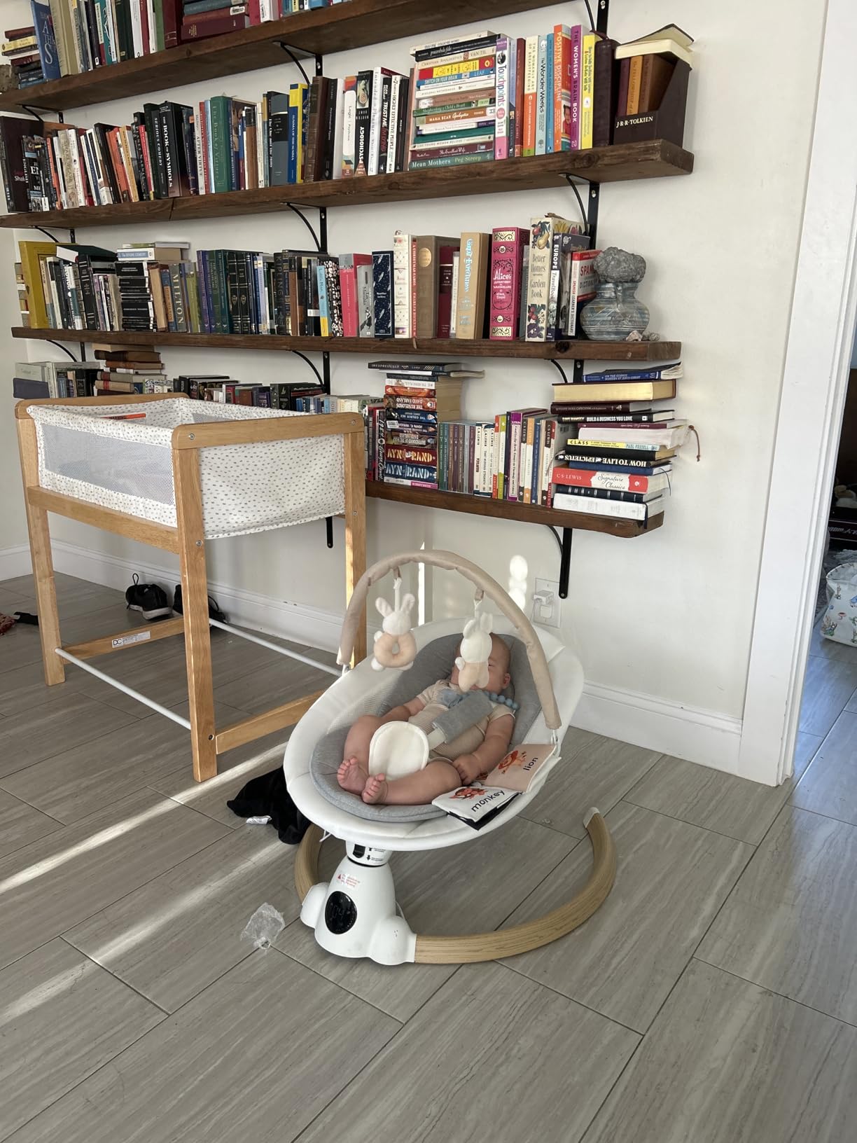Baby Swing for Infants, Portable Electric Baby Swings with Bluetooth, 5 Swing Speed, 10 Melodies, 5-Point Harness, Remote Control & Touch Panel - Infant Swing for Indoor & Outdoor Use, Wood Grain customer photo 2