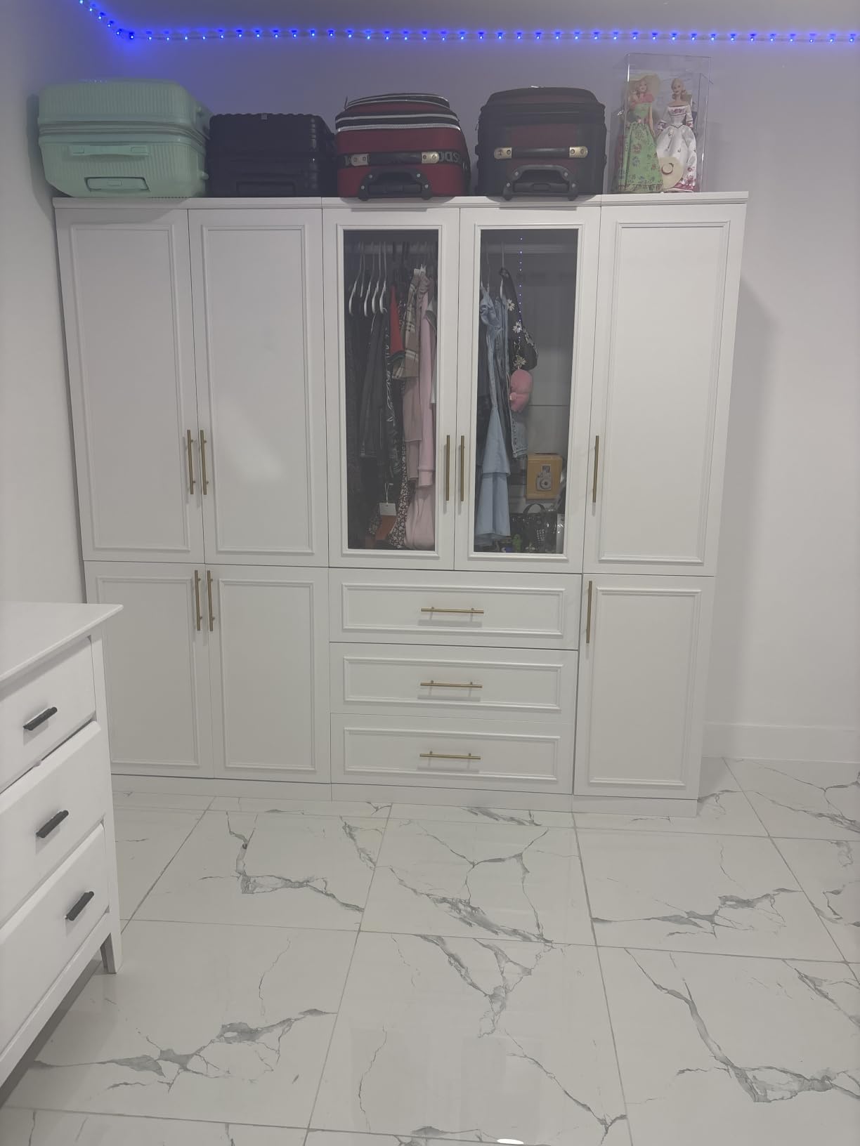 FUFU&GAGA Wardrobe Closet Collection with Doors, White Armoire System | Modern Bedroom Clothes Storage Cabinet with Drawers, Shelves, Hanging Rods, Gold Handles, 79.1