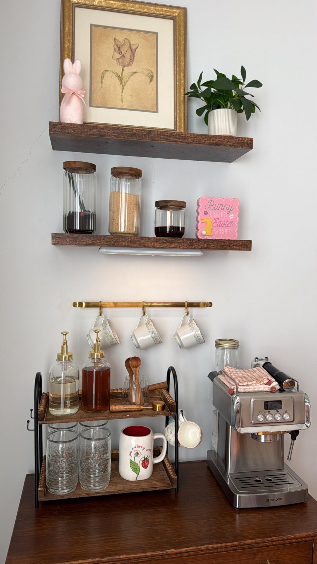 BDBDYEAY Coffee Bar Accessories, 2-Tier Coffee Bar Organizer with 4 Coffee Cup Holder Hooks, Mul-tifunctional Wooden Beaded Coffee Station Countertop Stand Shelf for Kitchen Home Office customer photo 1