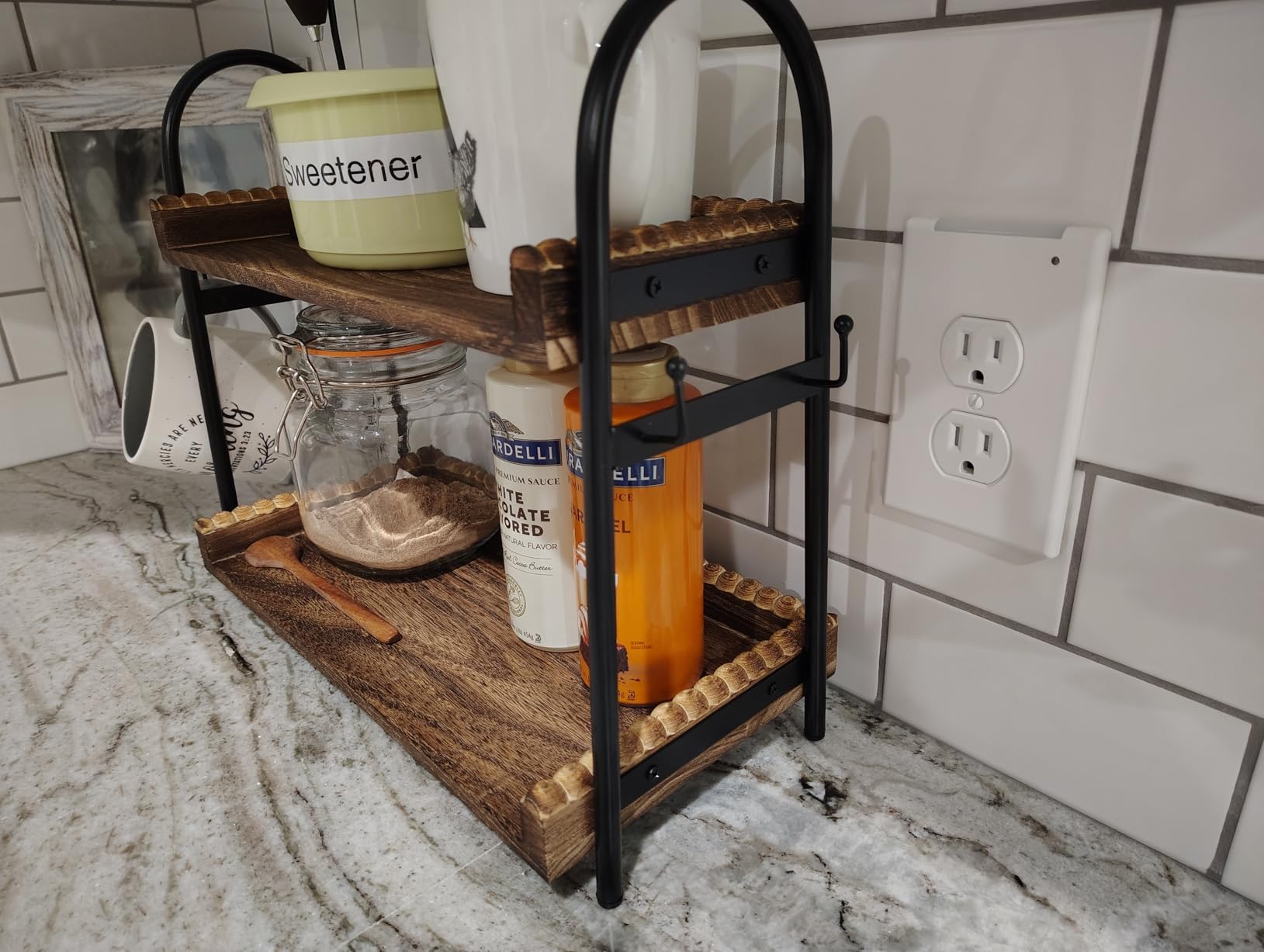 BDBDYEAY Coffee Bar Accessories, 2-Tier Coffee Bar Organizer with 4 Coffee Cup Holder Hooks, Mul-tifunctional Wooden Beaded Coffee Station Countertop Stand Shelf for Kitchen Home Office customer photo 2