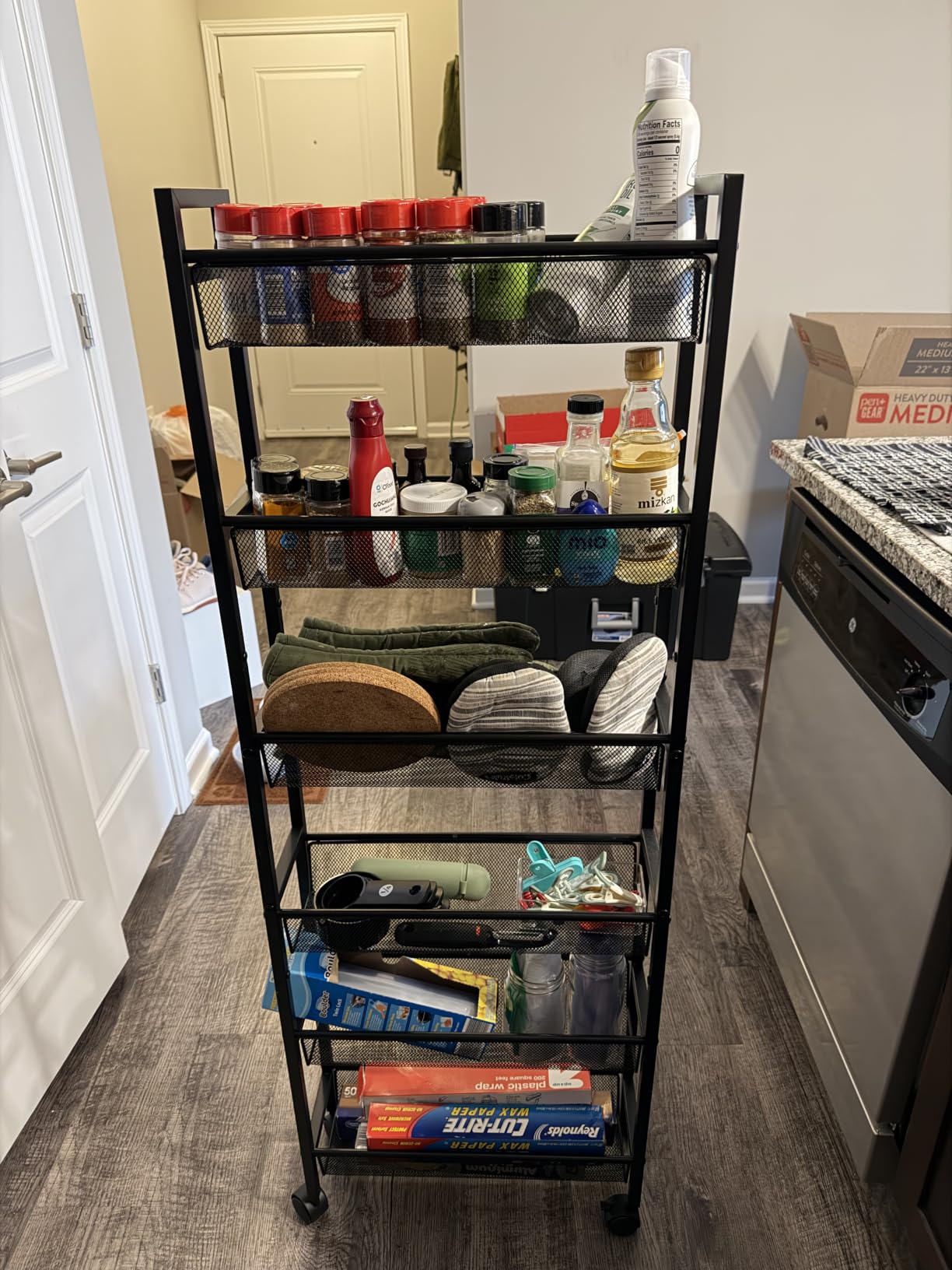 ThreeHio 6 Tier Slim Storage Cart, Narrow Cart with Wheels, Metal Mobile Shelving Unit Organizer for Kitchen, Bathroom, Laundry Room, Living Room & Narrow Spaces, Black, 6in(W) customer photo 2