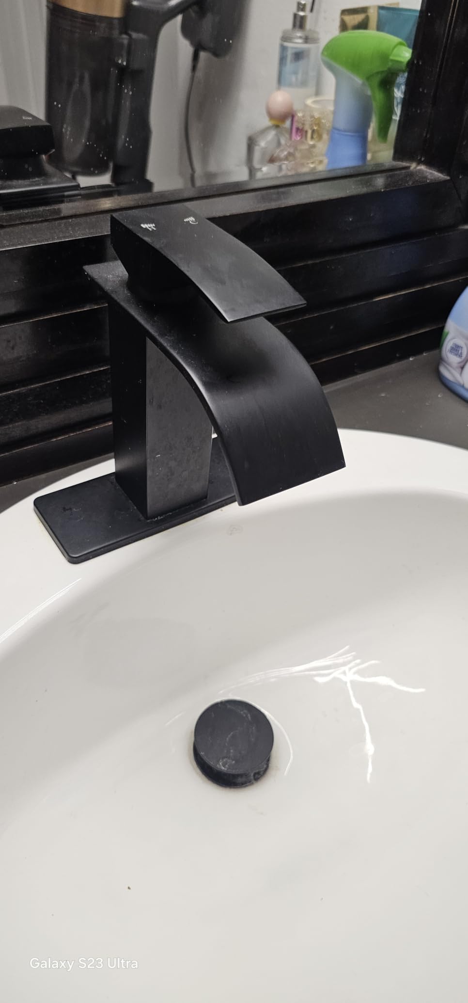 Matte Black Bathroom Faucet with Waterfall Spout and Pop-up Drain customer photo 2