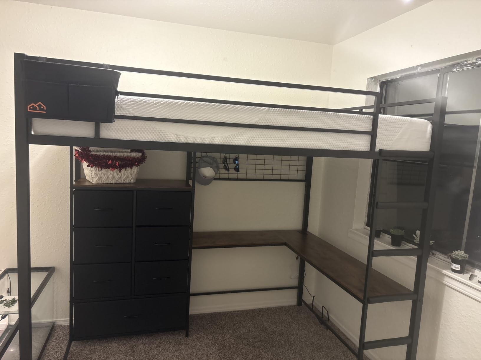 DICTAC Twin Size Loft Bed with L-Shaped Desk and 7 Storage Drawers,Metal Twin Loft Bed for Kids with LED Lights and Charging Station,13.11