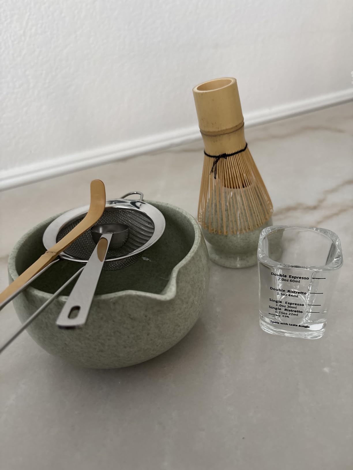 YIBO Matcha Whisk Set With Bowl, Ceramic Matcha Making Kit Includes Bamboo Whisk (Chasen), Holder Stand, Powder Starter Sifter, Scoop, Measuring Spoon & Cup Tea Tools For Ceremony (Mottled Green) customer photo 2