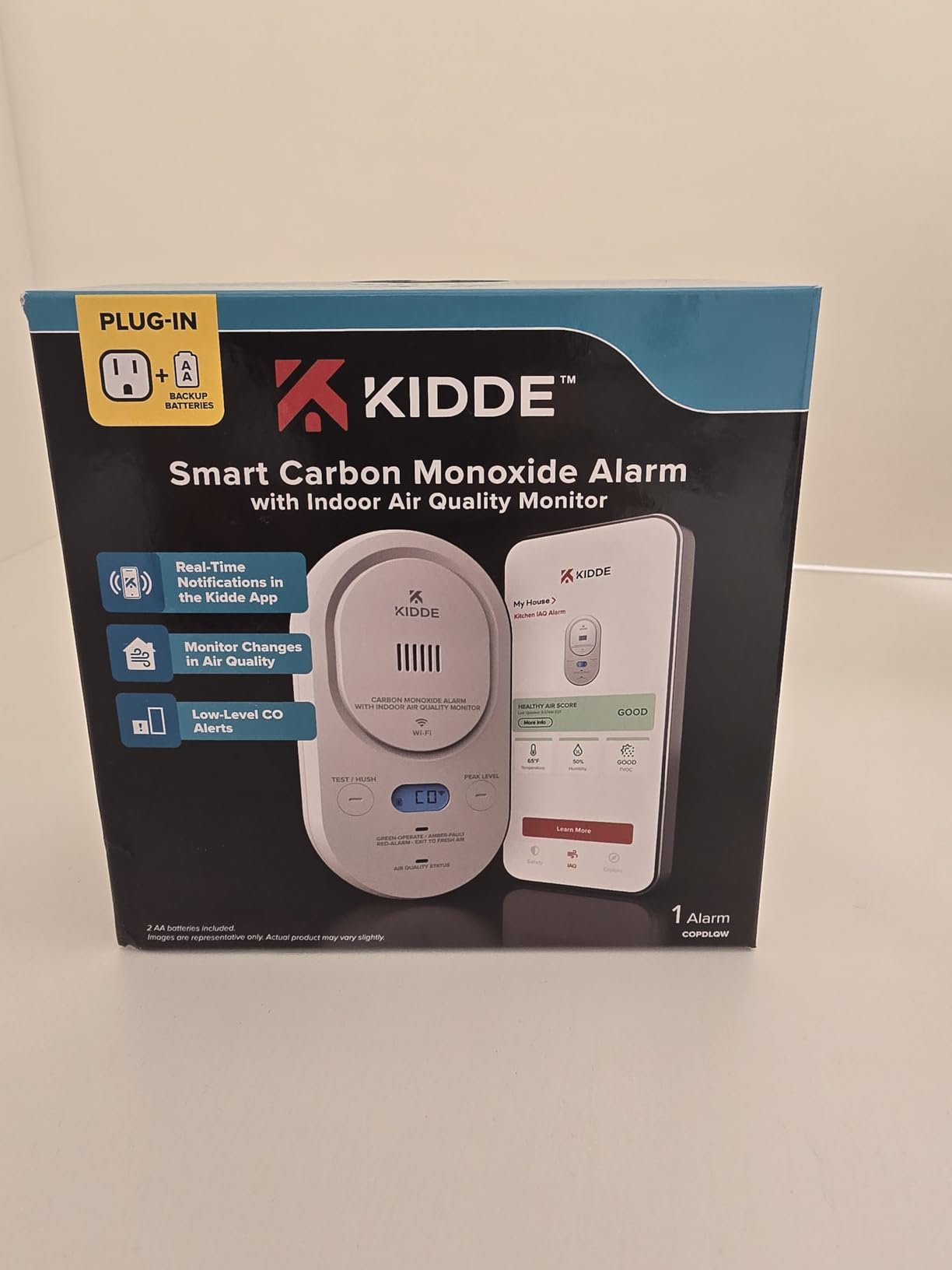 Kidde Smart CO Detector + Indoor Air Quality, Plug-in & AA Battery, COPDLQW | Smart Alarm with Real-Time Alerts, Air Quality Analysis, Detects Low Levels of Carbon Monoxide, Digital Display, 5th Edition customer photo 1