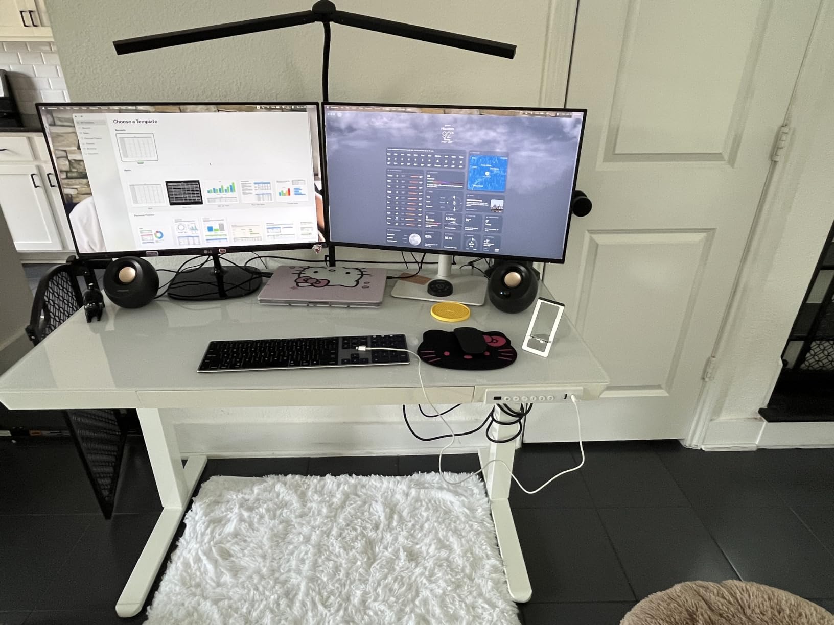 HUANUO Glass Standing Desk with Drawers, 35 X 20 Inch Electric Adjustable Height Desk, Quick Install One-Piece Tabletop with USB Charging Ports, White customer photo 2