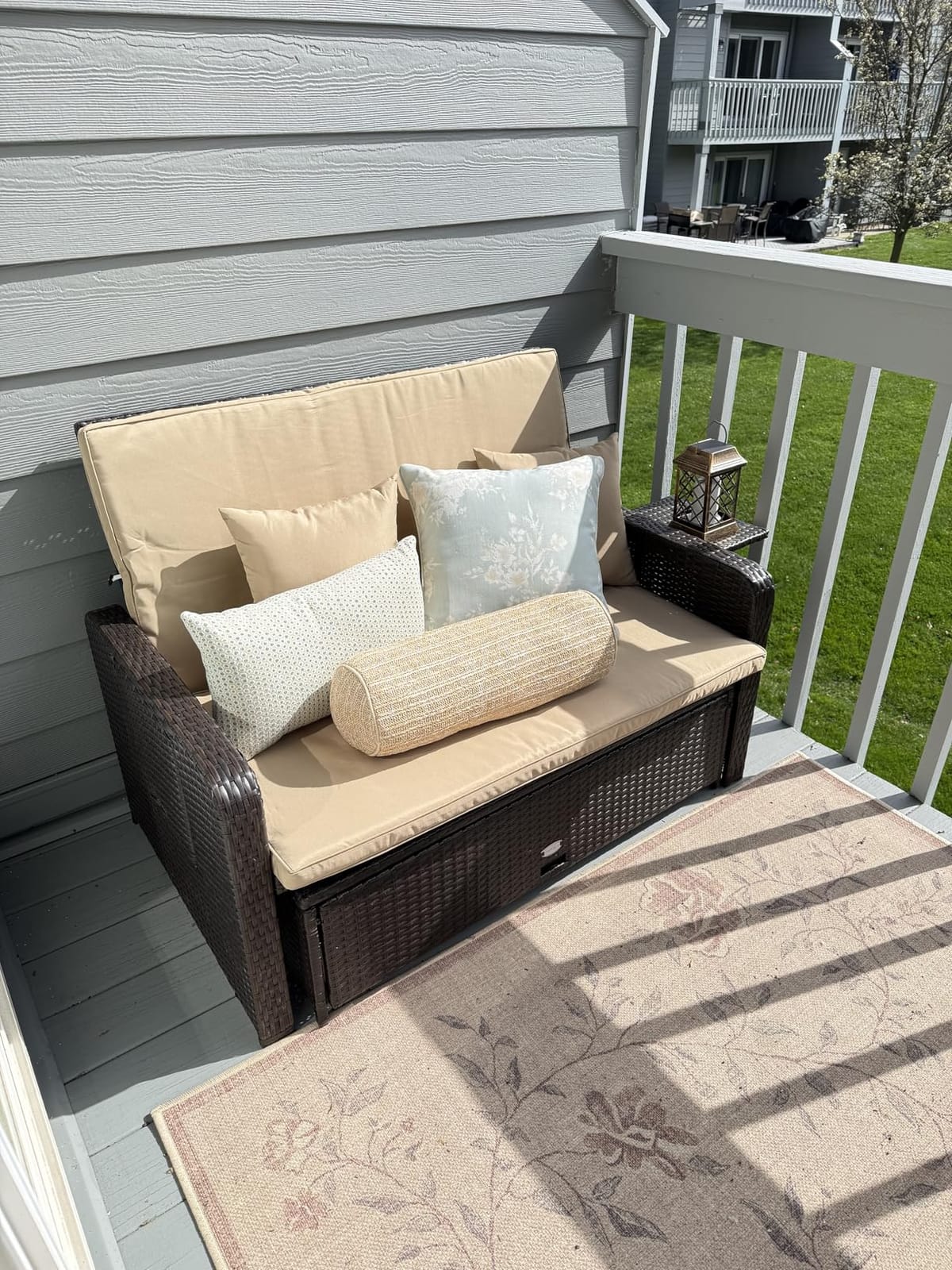 RELAX4LIFE Wicker Patio Outdoor Daybed - Rattan Day Bed Lounger w/Loveseat & Storage Ottoman, Sunbed Sofa Set w/Cushions, 4-Level Adjustable Backrest & 2 Retractable Trays, Patio Daybed (White-Black) customer photo 1