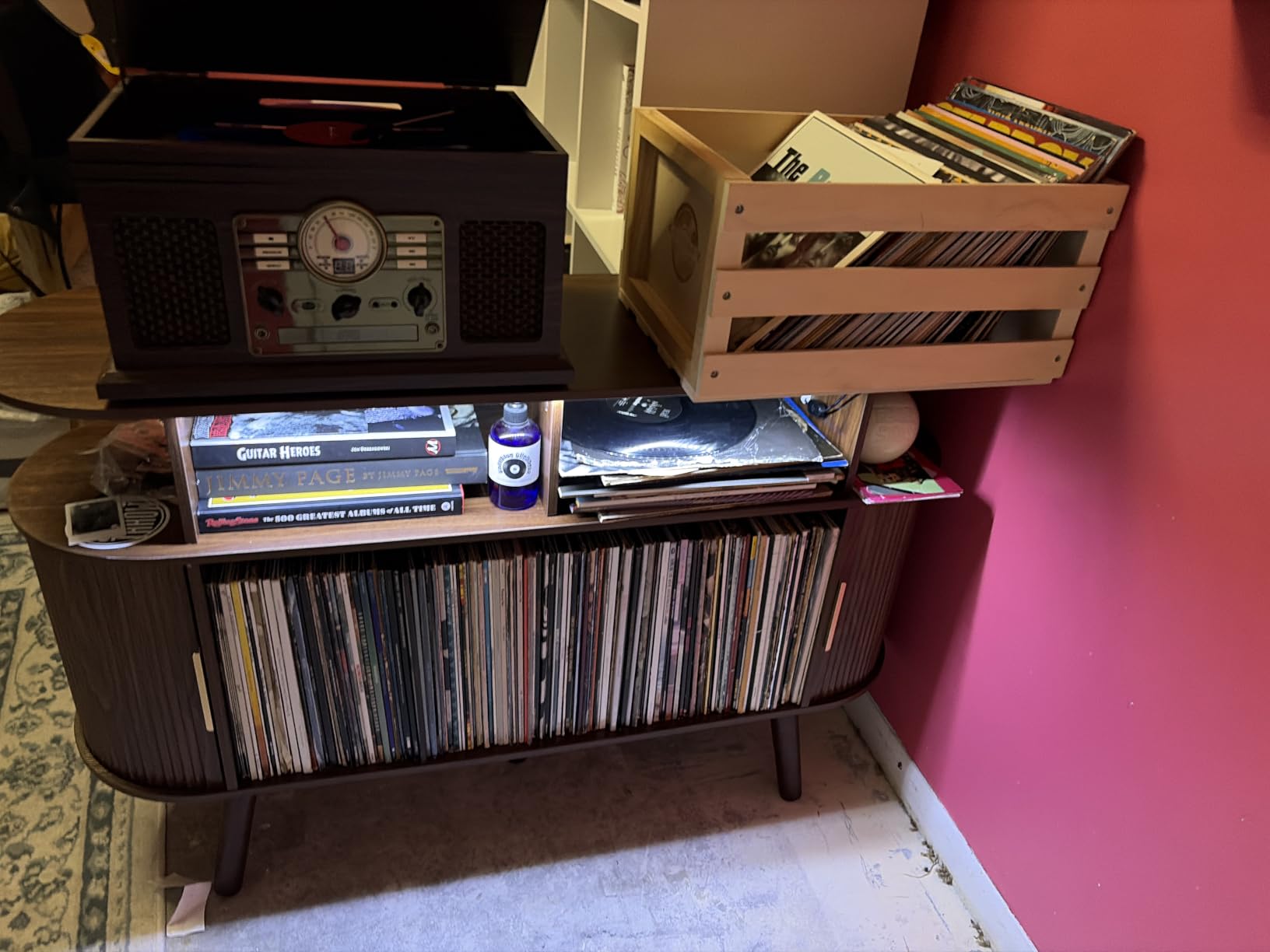 PRAISUN 47.2 Inch Large Record Player Stand with Power Outlets & 3-Color Lights, Vinyl Record Stand with 2 Fluted Cabinets, USB-C Port, Mid Century Modern Player Stand, Open Storage, Walnut customer photo 2