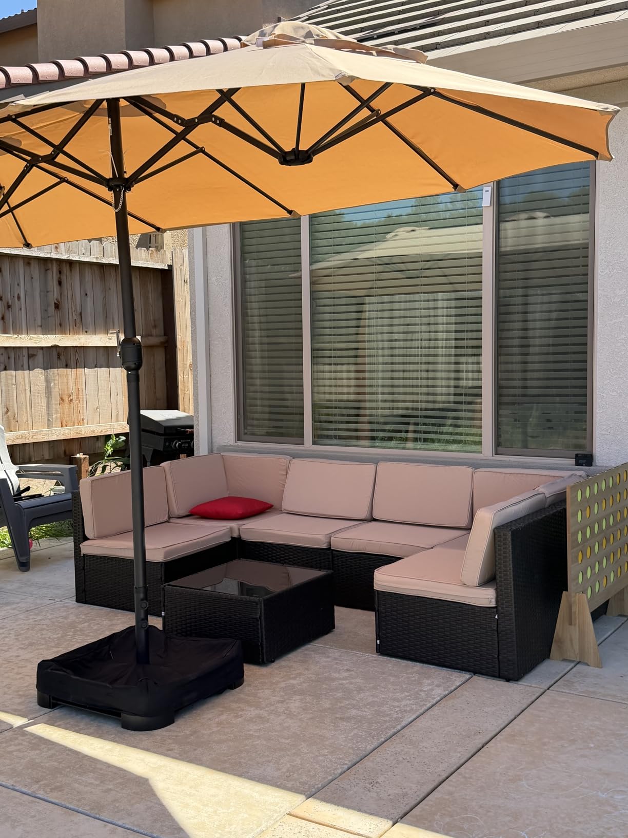 Shintenchi 7 Pieces Patio Furniture Sets Outdoor All-Weather Sectional Patio Sofa Set PE Rattan Manual Weaving Wicker Patio Conversation Set with Glass Table&Ottoman Cushion and Red Pillows, Beige customer photo 1