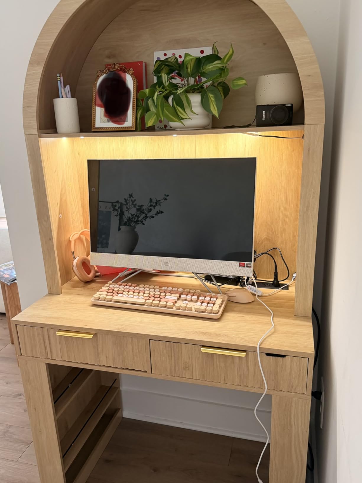 Arched Writing Desk with Hutch, Home Office Desk with 2 Fluted Drawers, Secretary Desk with Outlets, LED Lights, Bookshelves, Wood Computer Desk for Small Space, Bedroom 35.4