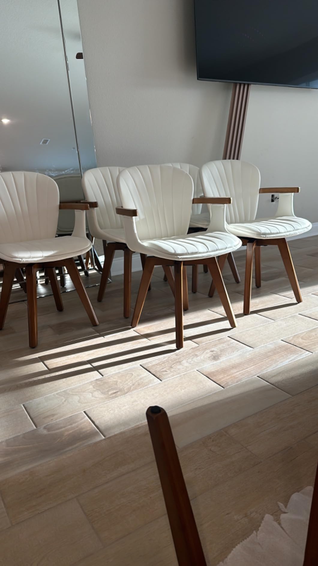 LUNLING Swivel Dining Chairs, Mid Century Modern Gray Fabric+Faux Leather Kitchen Chairs with Arms,Bamboo Legs Side Chairs No Wheels,Accent Chair for Dining Rooms and Offices,Gray Fabric,1PCS customer photo 2