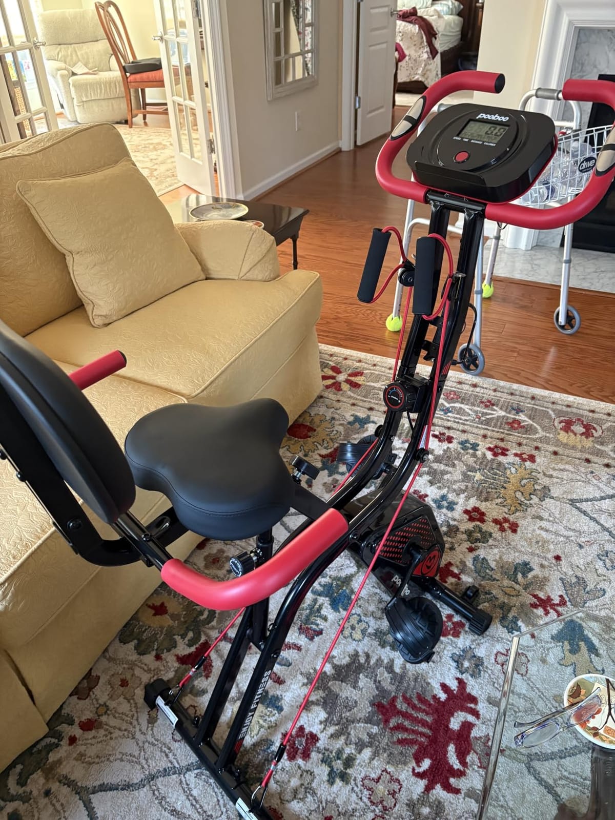 pooboo Folding Magnetic X‑Bike, Upright Exercise Bike for Home Gym | Foldable Indoor Stationary Cycling Bike, 8‑Level Resistance, 6.6 LBS Flywheel, 300 LB Capacity, Back Support Cushion customer photo 2