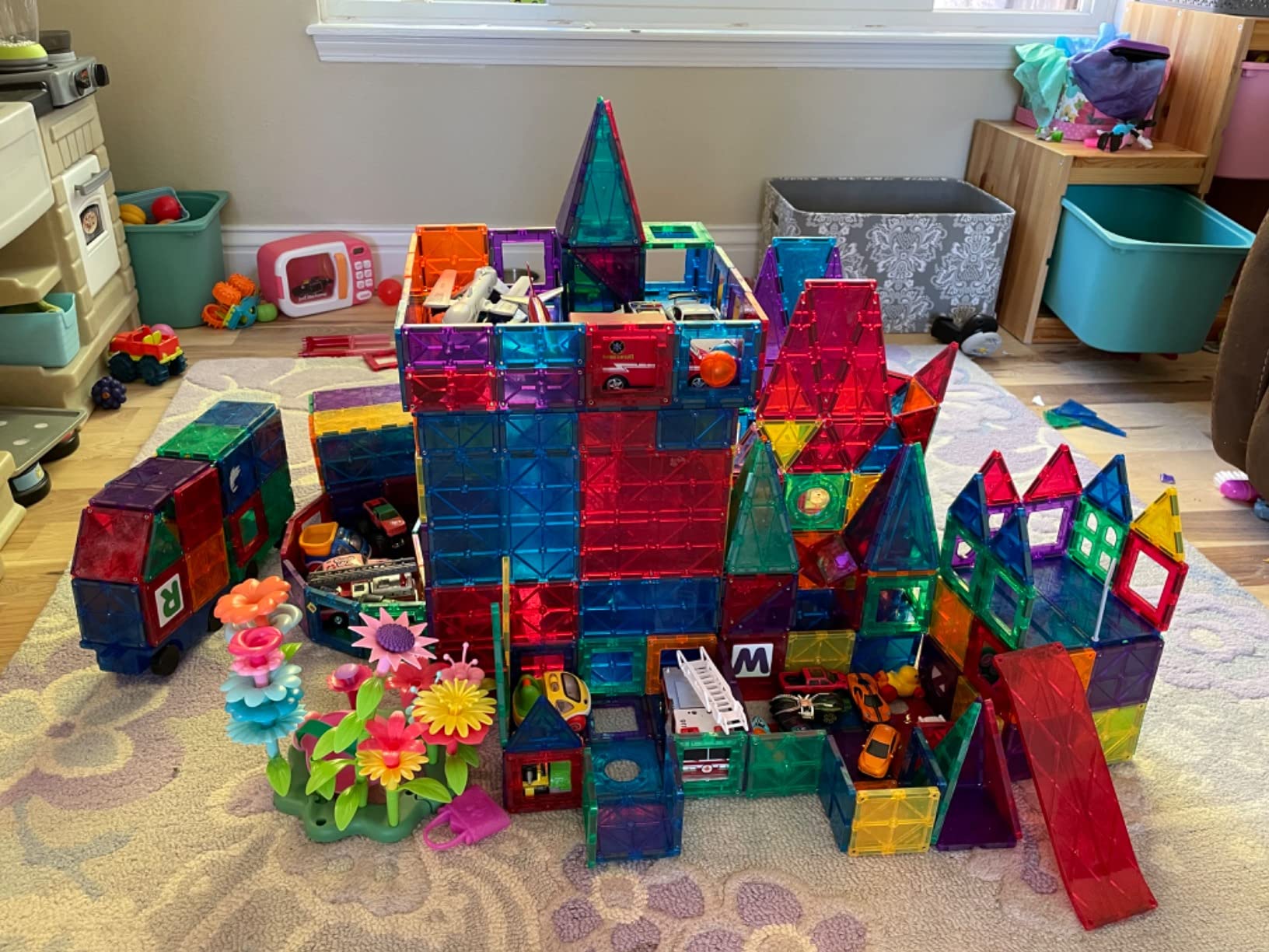 Magnetic Tiles for Kids 100-Piece Set, STEM Educational Building Blocks, Includes 2 Cars & Click-in ABC Learning Tiles, Gift for Boys & Girls, Magnetic Figures & 2 or 4 Car Set Add-Ons Available customer photo 2