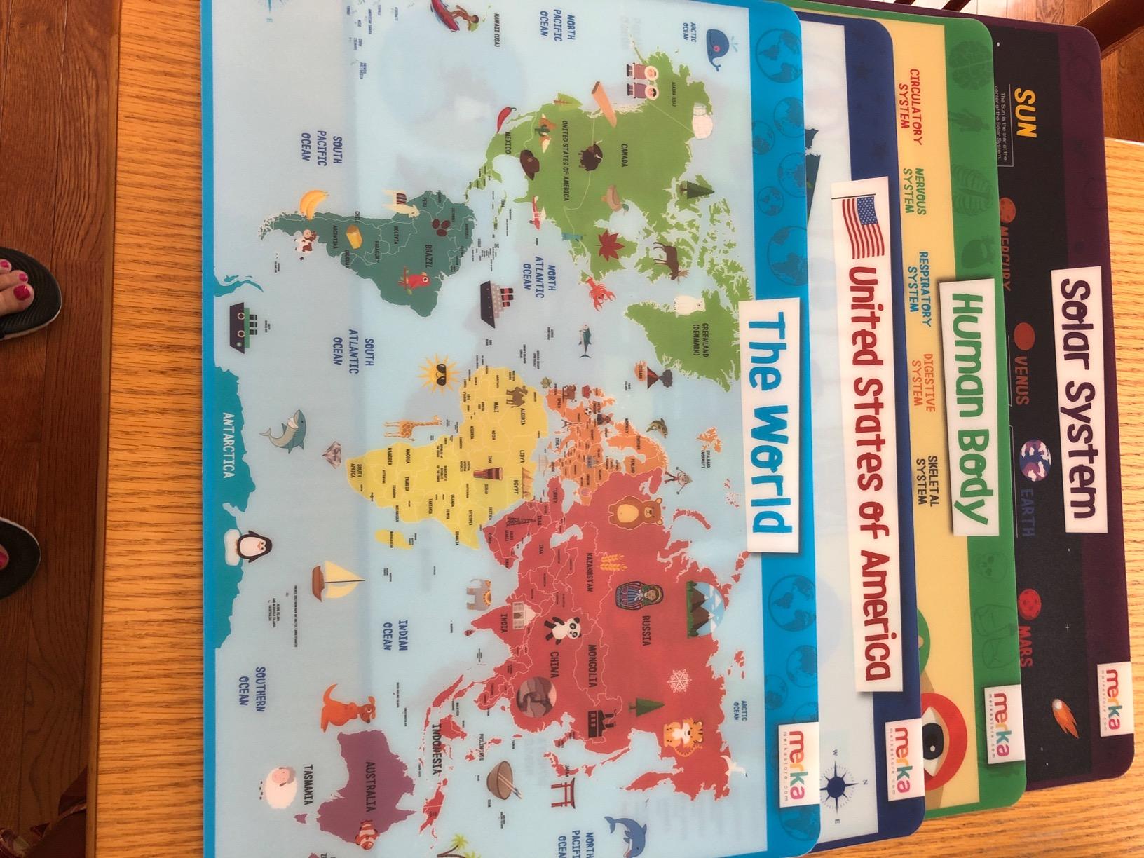 Merka Kids Educational Placemat Set 4-Pack - 17 x 11 in Multicolor Silicone - Washable & Reusable with Secure Grip Backing - Map Placemats for Kids, Solar System, Human Body, World & US Map customer photo 2