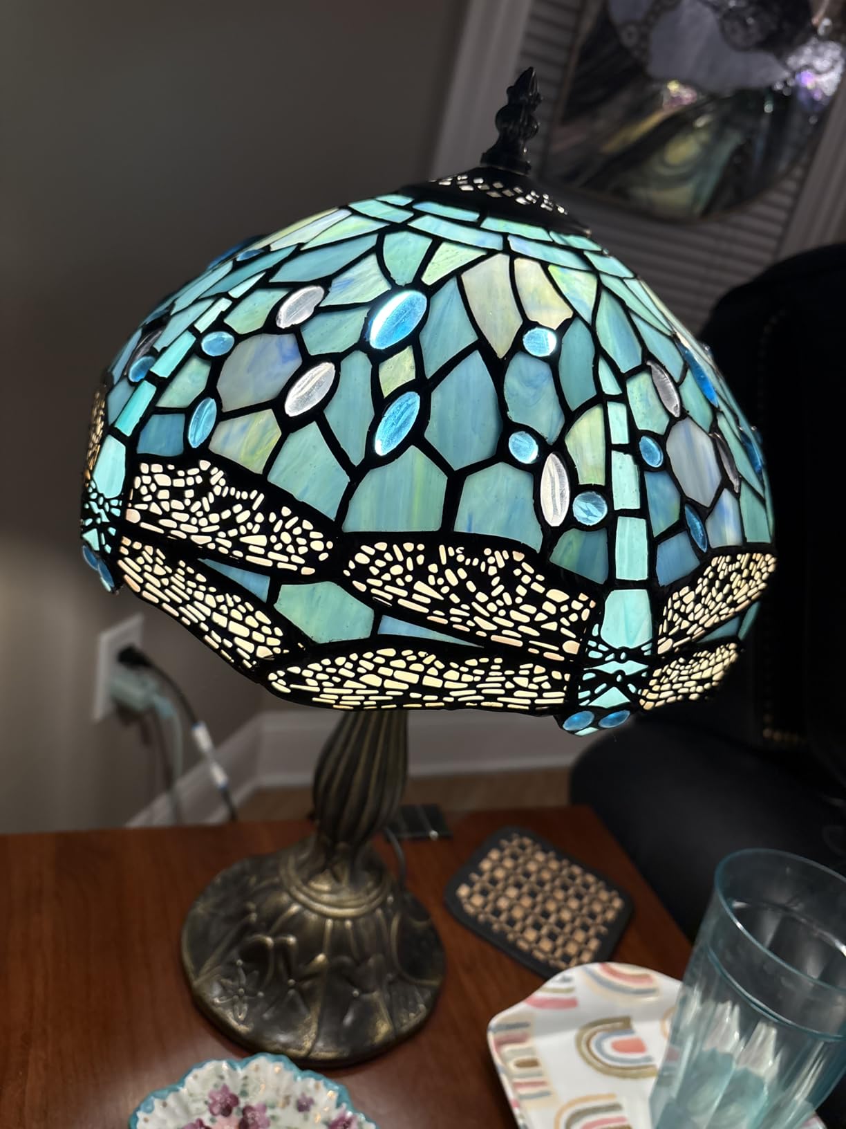WERFACTORY Tiffany Lamp Sea Blue Stained Glass Table Lamp 18 Inch Dragonfly customer photo 1