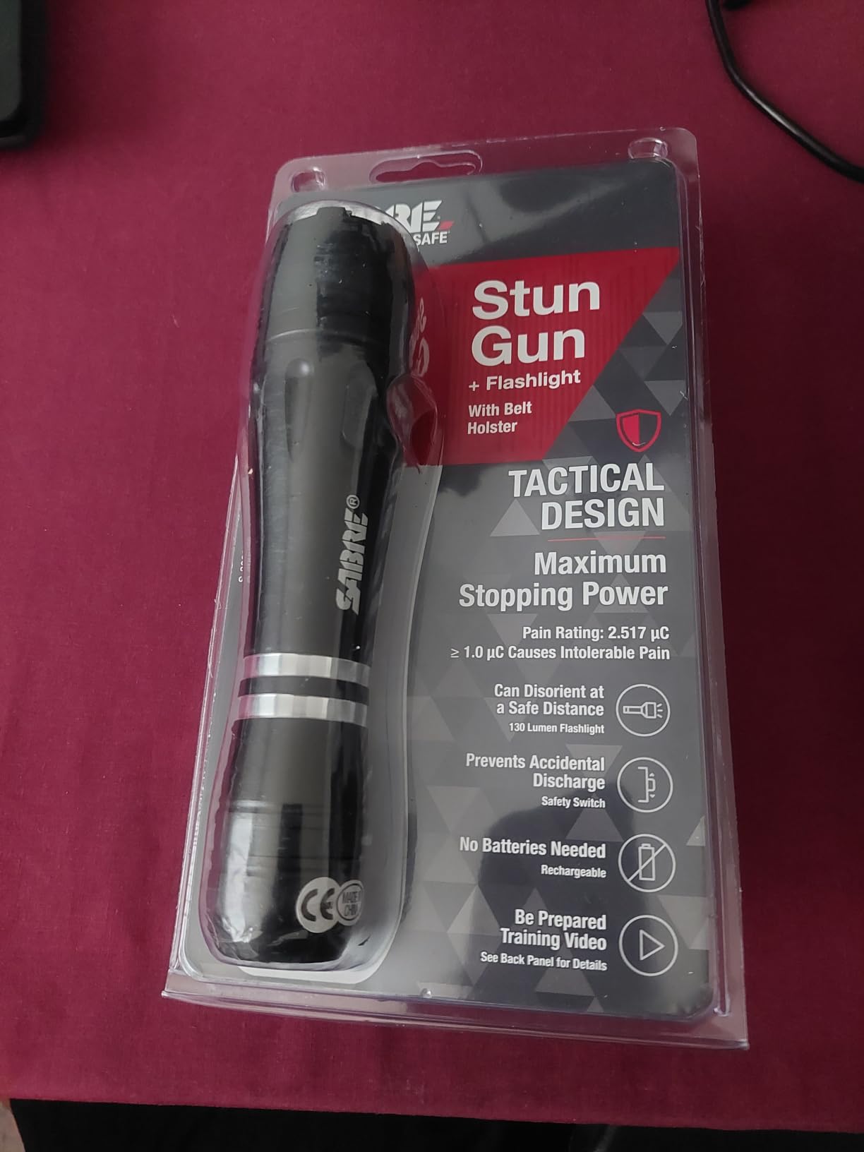 SABRE 2-in-1 Tactical Stun Gun with LED Flashlight, Self Defense Stun Gun with 2.517 µC Charge Produces Intolerable Pain, 130 Lumen LED Light, Safety Switch, Belt Holster, Rechargeable Battery customer photo 2