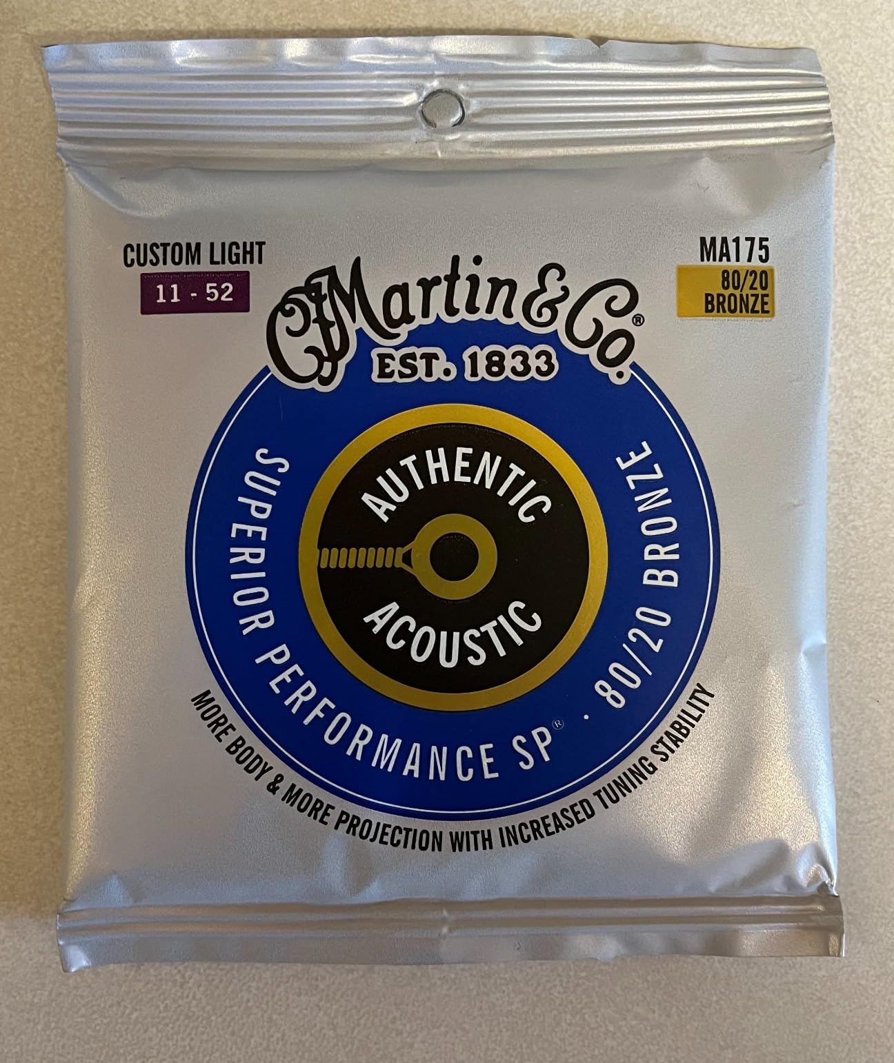 Martin Authentic Acoustic Guitar Strings, Superior Performance Custom Light 11-52, 80/20 Bronze customer photo 1