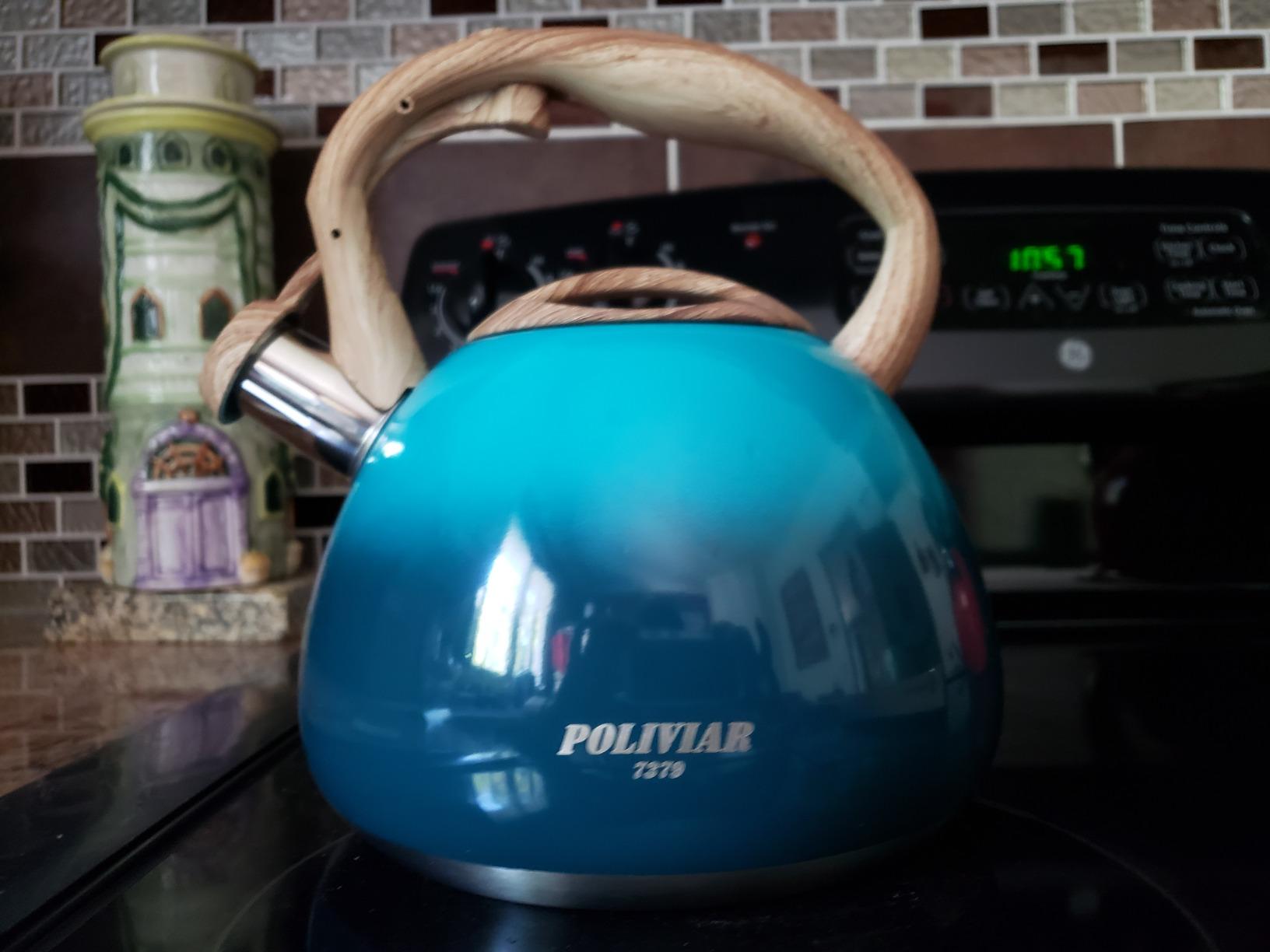 POLIVIAR Tea Kettle, 2.7 Quart Natural Stone Finish with Wood Pattern Handle Loud Whistle Food Grade Stainless Steel Teapot, Anti-Hot Handle and Anti-Rust, Suitable for All Heat Sources (JX2018-GR20) customer photo 2