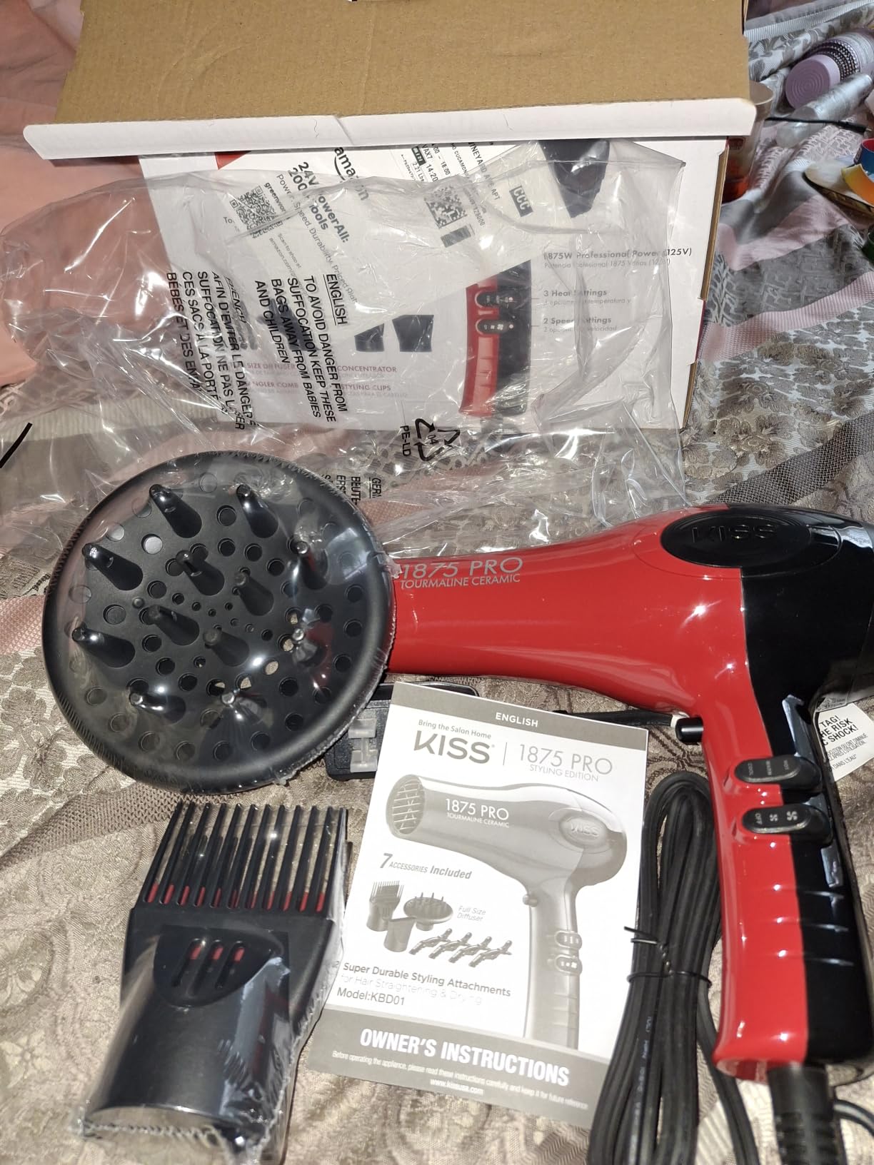 Kiss 1875 Watt Pro Tourmaline Ceramic Hair Dryer, Styling Edition, 3 Heat Settings, 2 Speed Settings, Cool Shot Button, 7 Blow Dryer Accessories Included, 2-Year Warranty - Red customer photo 1