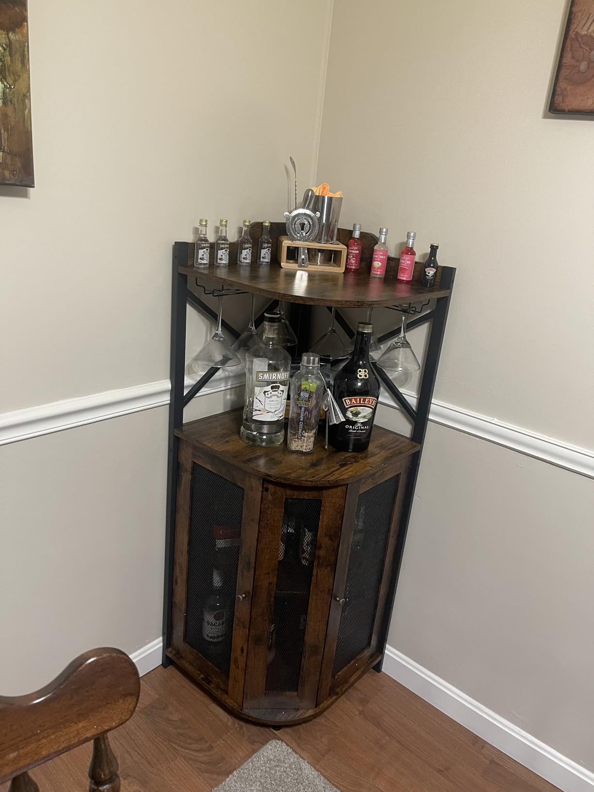 JKsmart Corner Bar Cabinet with LED Lights,Industrial Wine Cabinet with Glass Holder,4-Tier Wine Cabinet with Door and Shelf,Farmhouse Home Bar for Liquor Wine Coffee Storage,Rustic Brown customer photo 1