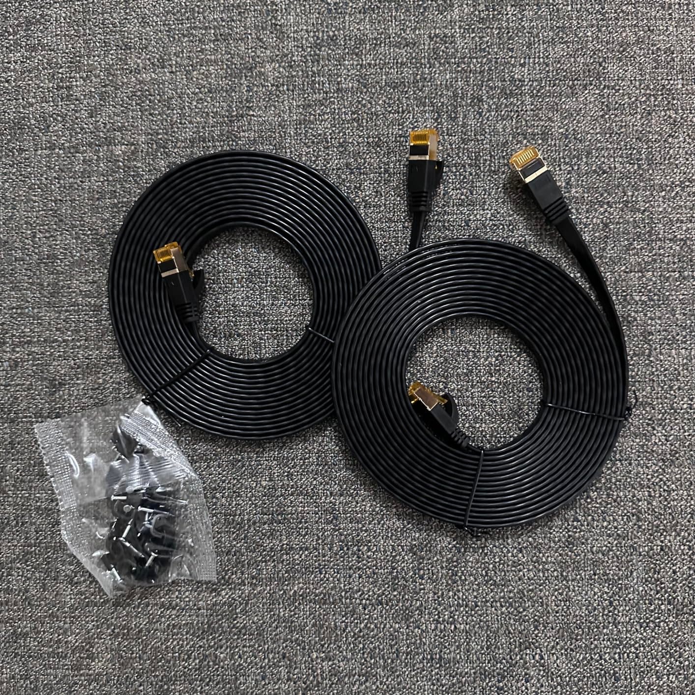 Cat 7 Ethernet Cable 2-Pack 6 FT, Cat7 Flat High Speed 10Gbps 600MHz Shielded Internet Network Patch Black Cord, Ultra Slim RJ45 LAN Cable, for PS5, Modem, Router, LAN, Computer with 25 Cable Clips customer photo 2
