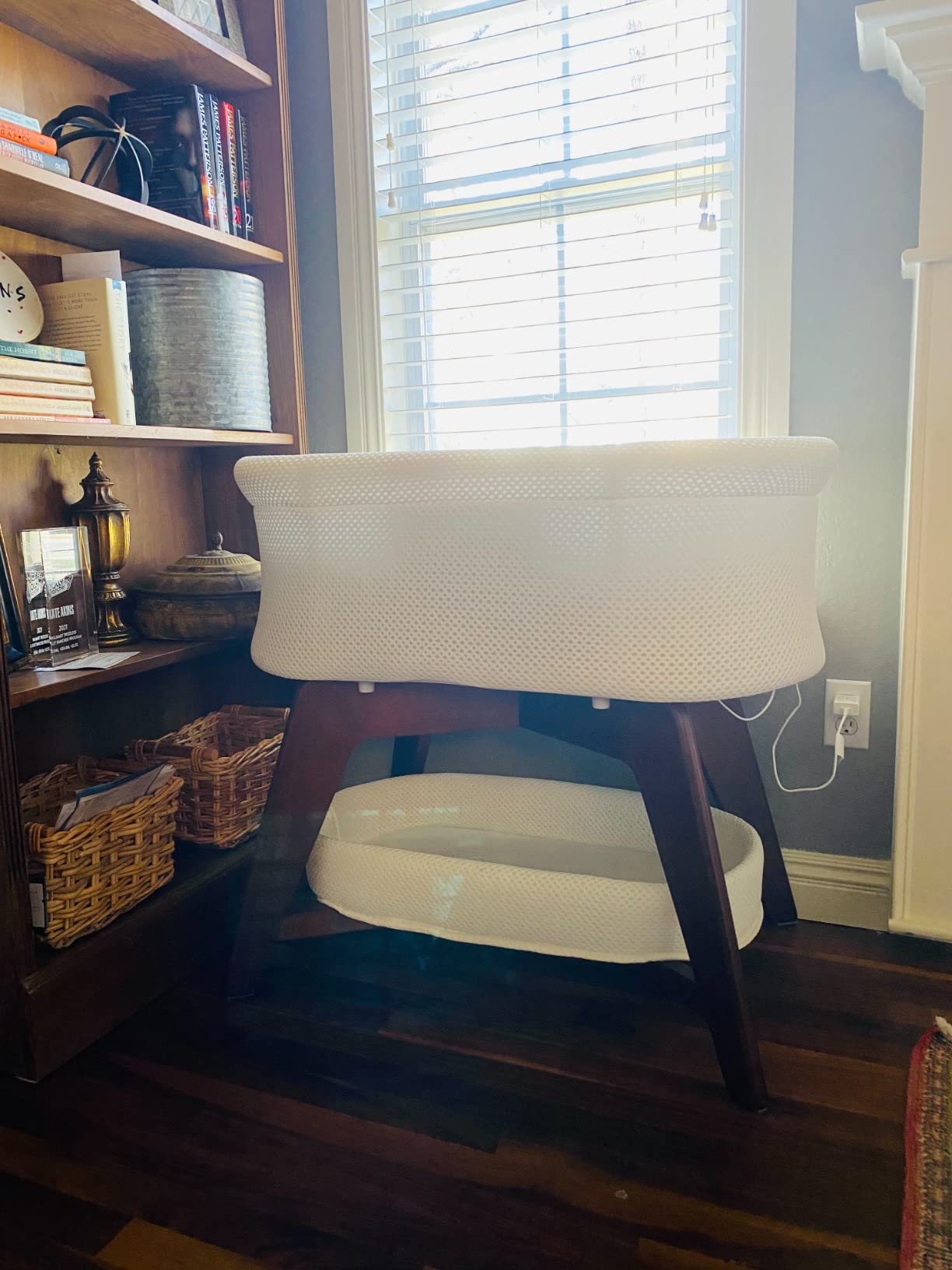 TruBliss Evi Smart Baby Bassinet Beside Sleeper with Auto-Glide, Ambient Nightlight & Sensory Sounds, Compatible with Alexa and Google Home, Includes 2 Sheets (White w/Mint Green Legs) customer photo 1