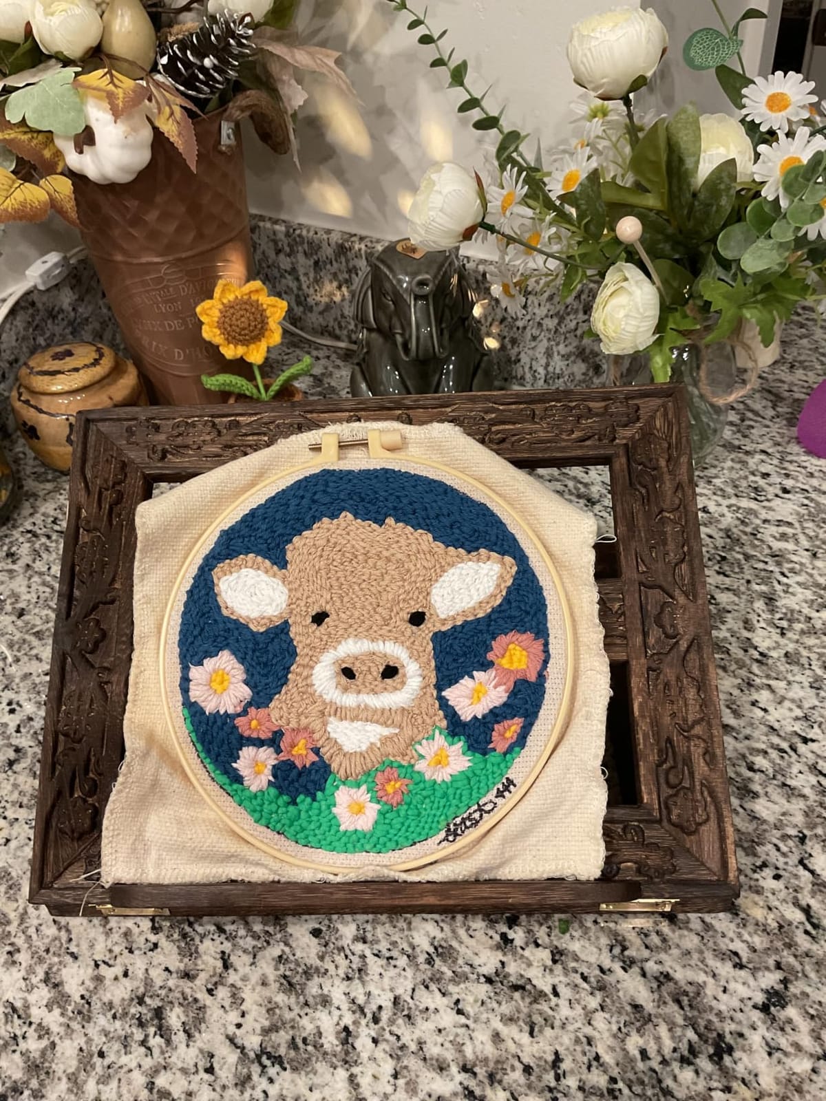 DIY Punch Needle Kits Highland Cow with Daisy Flower with Hoop 20x20cm-1 customer photo 2