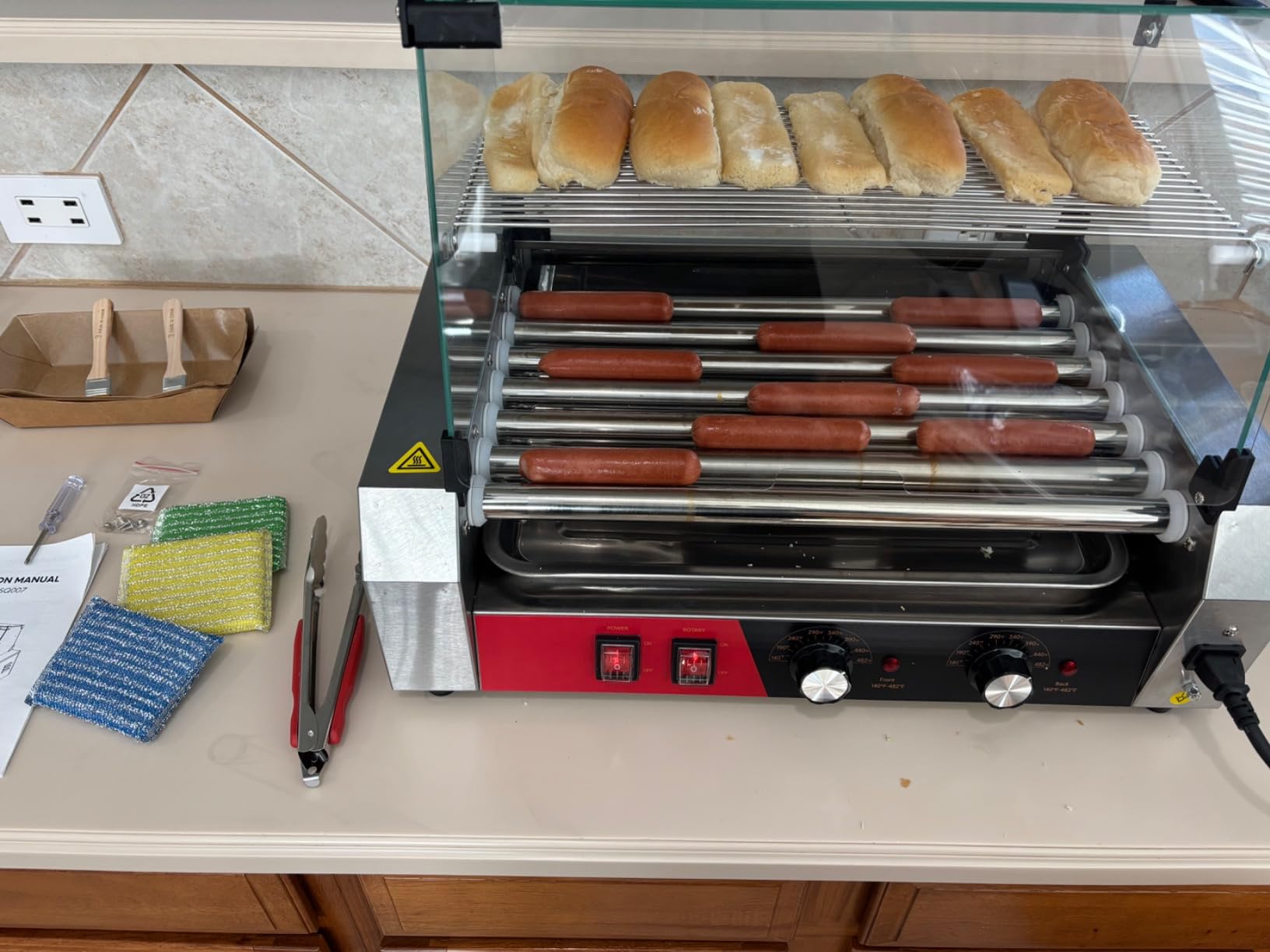 FOHERE Hot Dog Roller 7 Rollers 18-24 Hot Dogs Capacity, 1050W Stainless Steel Hot Dog Machine with Bun Warmer Shelf, Dual Temp Control, Glass Cover, Removable Tray for Commercial and Party customer photo 1