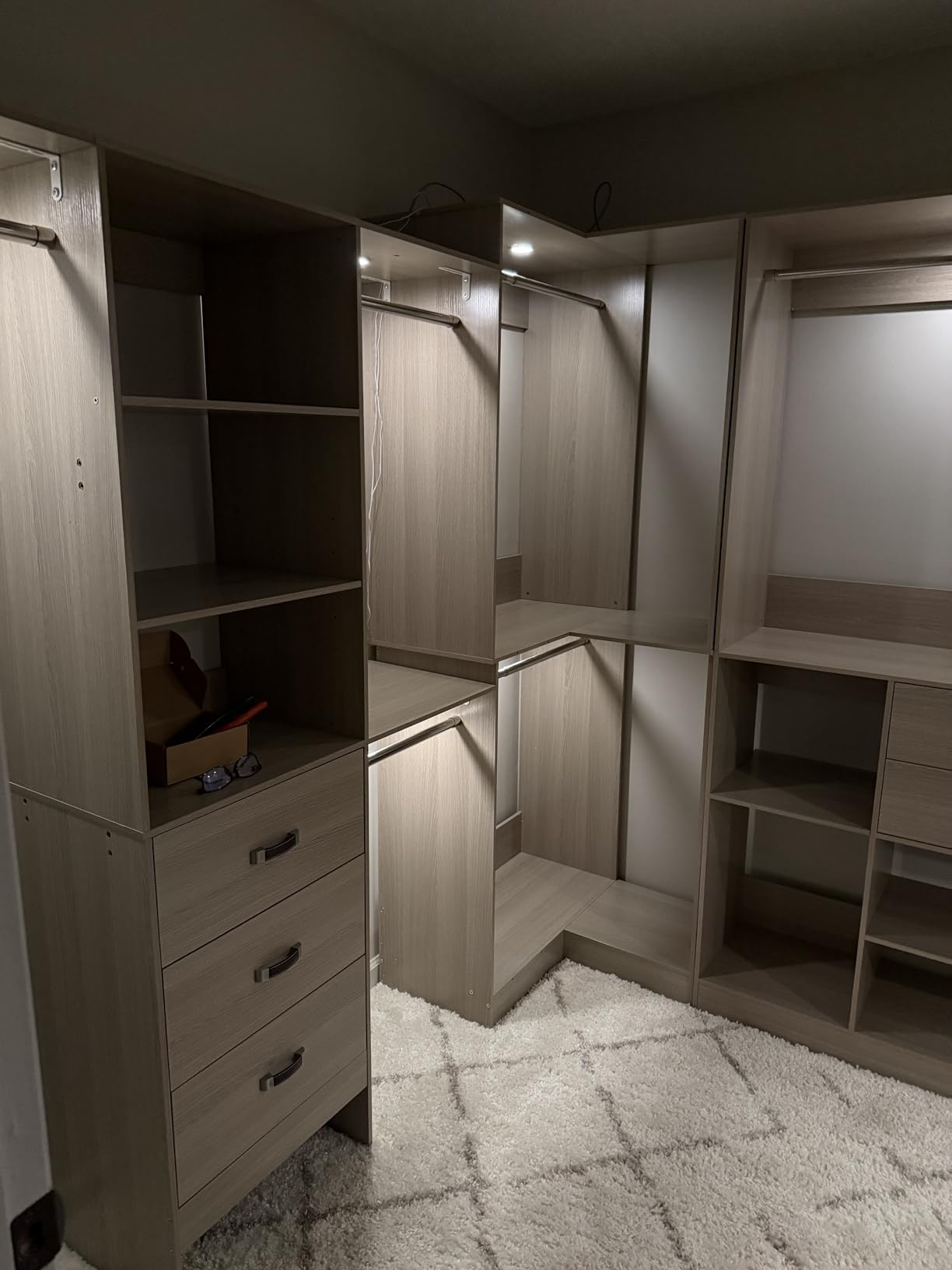 Armocity 96 Inches Closet System with Doors, 8FT Walk In Closet Organizer with 2 Shelving Towers, Heavy Duty Clothes Garment Rack with 3 Wood Drawers, 96