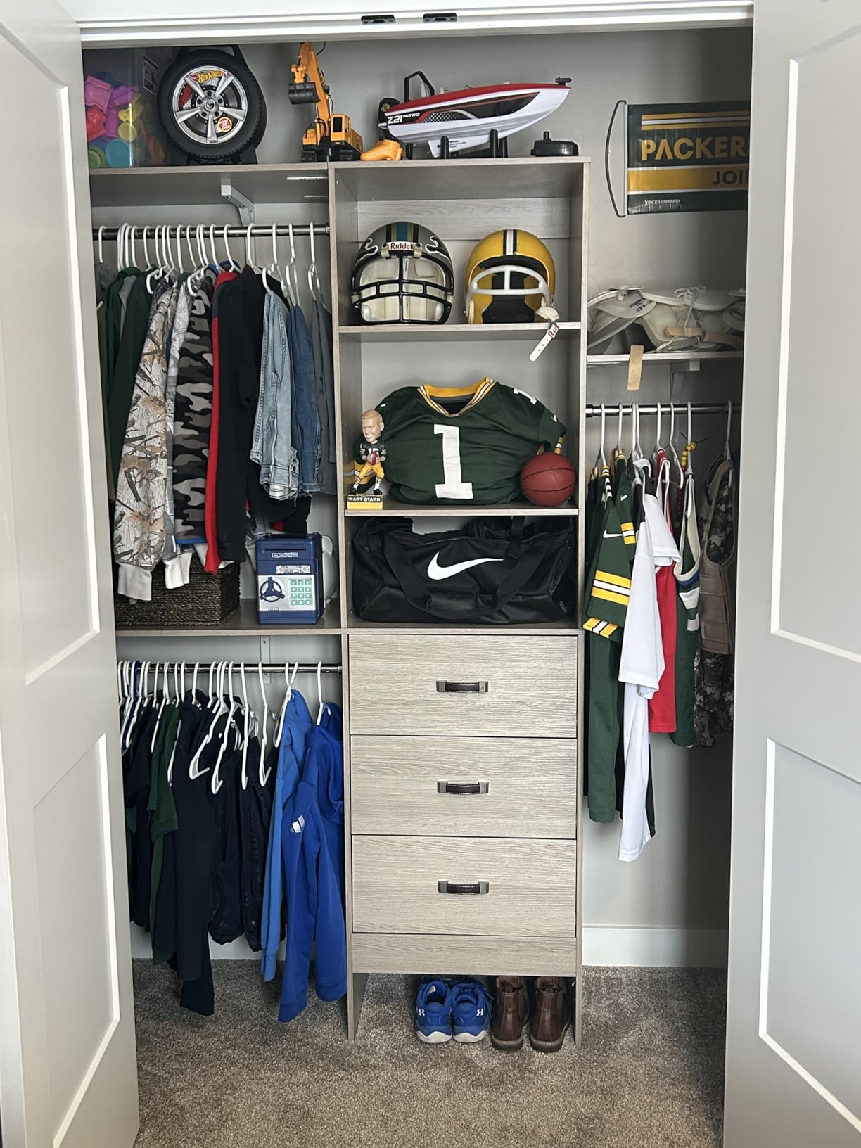 Armocity 96 Inches Closet System with Doors, 8FT Walk In Closet Organizer with 2 Shelving Towers, Heavy Duty Clothes Garment Rack with 3 Wood Drawers, 96